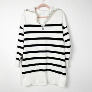 2/$30 Primark Striped Henley Funnel Neck Sweater Dress Medium White #A0362 TRB2